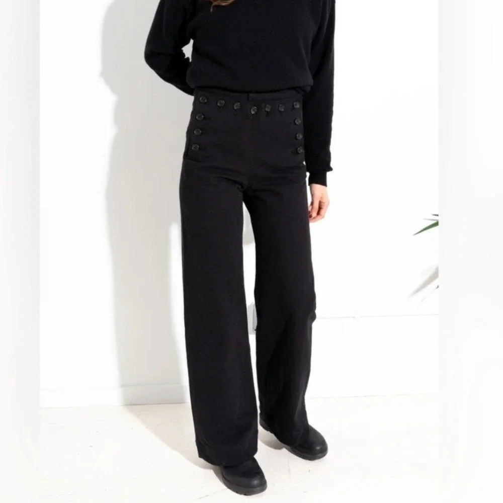 Tory Burch Black Moleskin Cotton Sailor Pants Wide Leg Cuffed 8 Minimal Preppy